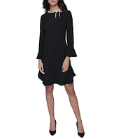 KARL LAGERFELD PARIS Scuba Crepe Round Neck 3/4 Bell Sleeve Flounce Hem Sheath Dress