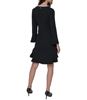 KARL LAGERFELD PARIS Scuba Crepe Round Neck 3/4 Bell Sleeve Flounce Hem Sheath Dress