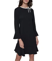 KARL LAGERFELD PARIS Scuba Crepe Round Neck 3/4 Bell Sleeve Flounce Hem Sheath Dress