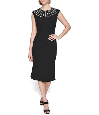 KARL LAGERFELD PARIS Scuba Crepe Round Neck Sleeveless Pearl Detail Sheath Dress