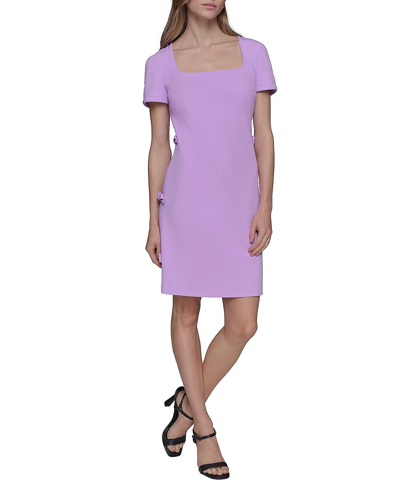 KARL LAGERFELD PARIS Scuba Crepe Square Neck Short Sleeve Bow Sheath Mini Dress