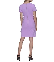 KARL LAGERFELD PARIS Scuba Crepe Square Neck Short Sleeve Bow Sheath Mini Dress