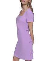 KARL LAGERFELD PARIS Scuba Crepe Square Neck Short Sleeve Bow Sheath Mini Dress