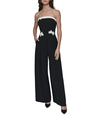 KARL LAGERFELD PARIS Scuba Crepe Strapless Wide Leg Pearl Bow Jumpsuit