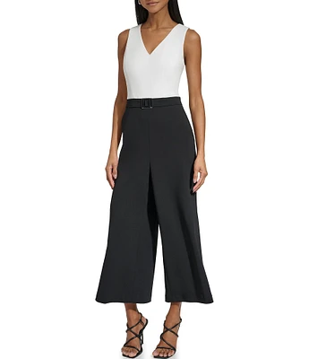 KARL LAGERFELD PARIS Scuba Crepe V-Neck Sleeveless Belted Wide Leg Cropped Jumpsuit