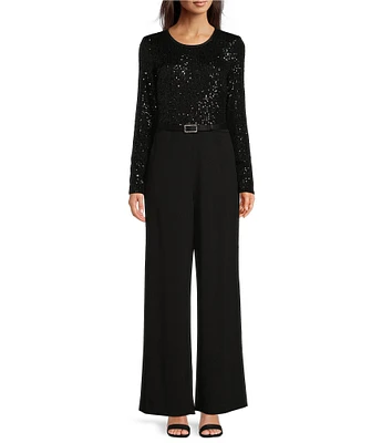 KARL LAGERFELD PARIS Scuba Crepe Waterfall Sequin Round Neck Long Sleeve Belted Wide Leg Jumpsuit