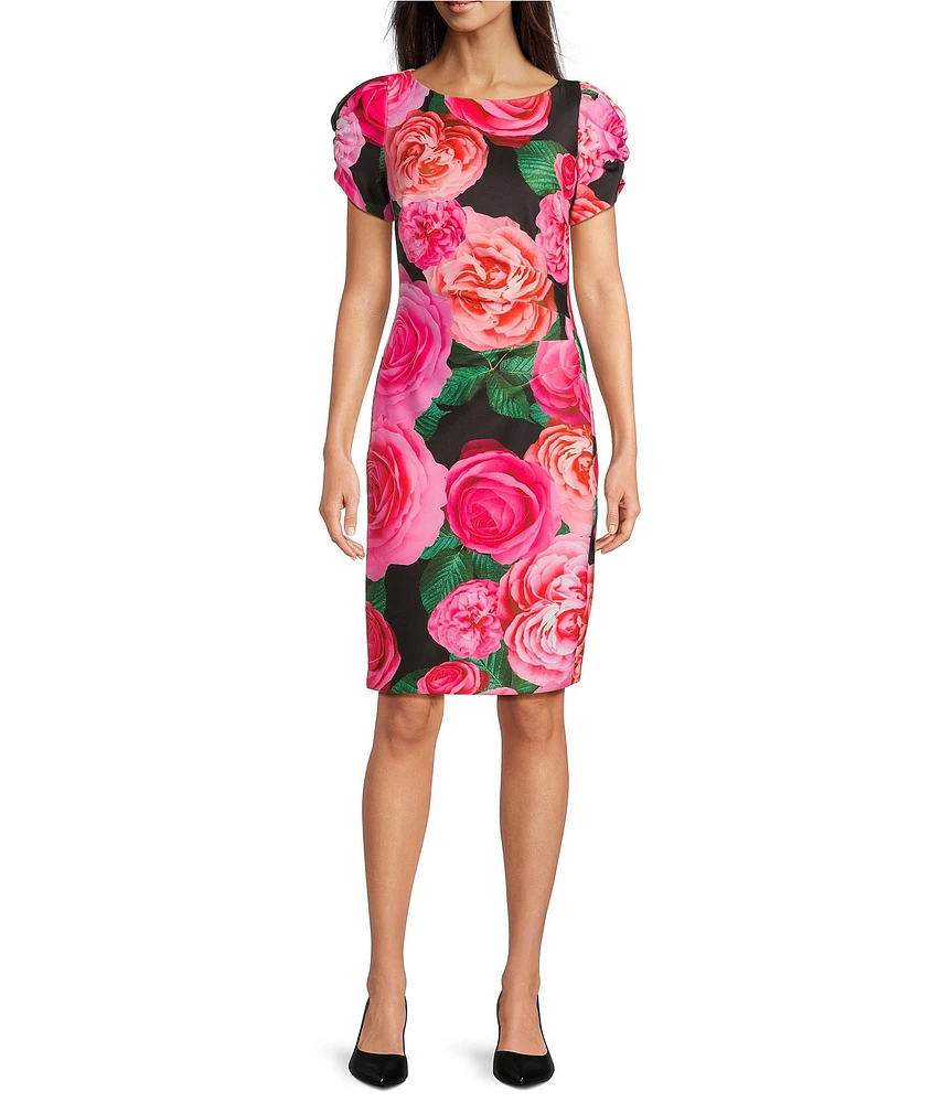KARL LAGERFELD PARIS Scuba Floral Print Crew Neck Short Sleeve Sheath Mini Dress