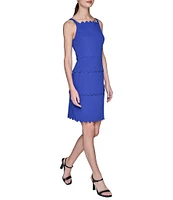 KARL LAGERFELD PARIS Scuba Sleeveless Square Neck Tiered Scalloped Trim Sheath Dress
