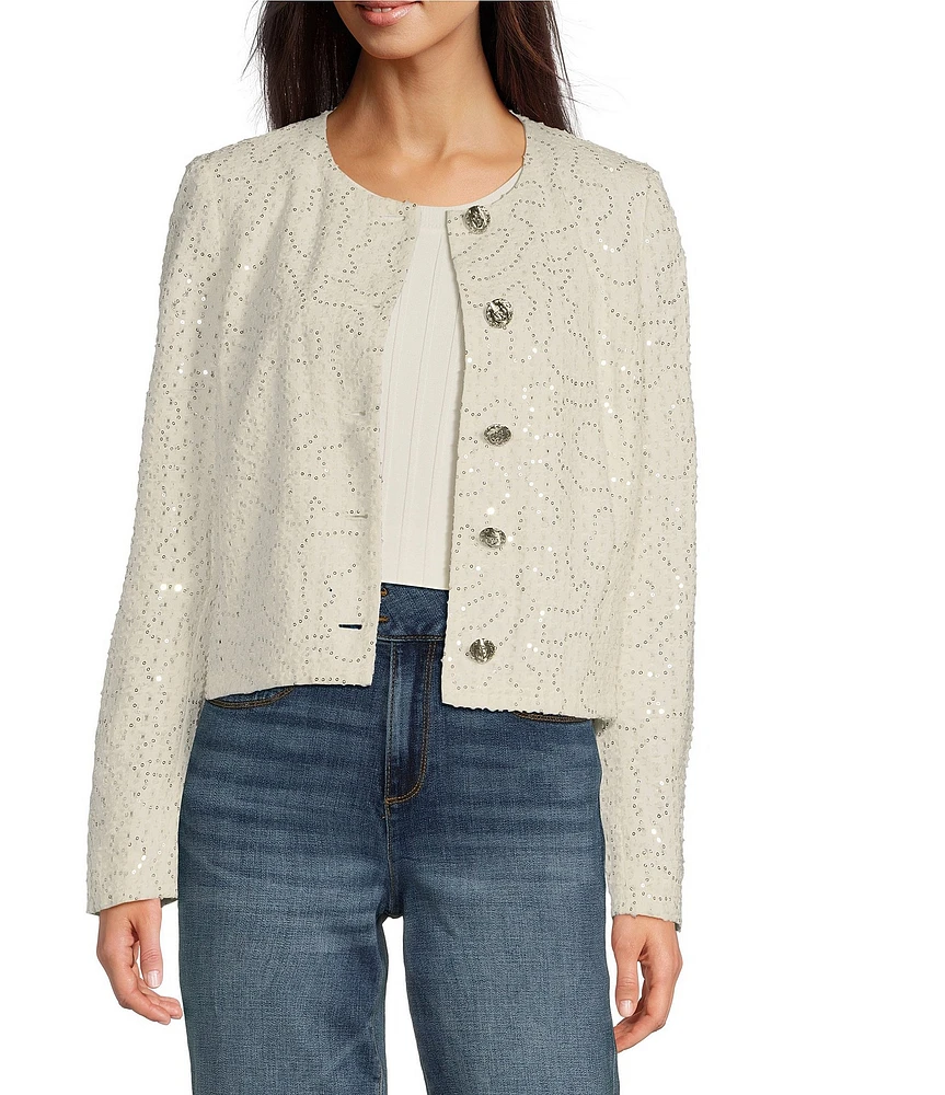 KARL LAGERFELD PARIS Sequin Round Neck Long Sleeve Button Front Jacket
