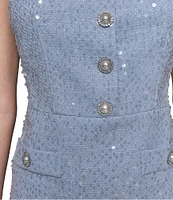 KARL LAGERFELD PARIS Sequin Tweed Scoop Neck Sleeveless Sheath Mini Dress