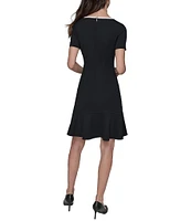 KARL LAGERFELD PARIS Short Sleeve Bow Detail Stretch Scuba Crepe Aline Dress