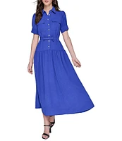 KARL LAGERFELD PARIS Short Sleeve Drop Waist Midi Shirt Dress