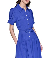 KARL LAGERFELD PARIS Short Sleeve Drop Waist Midi Shirt Dress