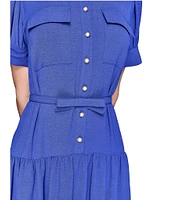 KARL LAGERFELD PARIS Short Sleeve Drop Waist Midi Shirt Dress