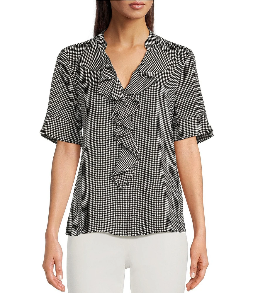 KARL LAGERFELD PARIS Short Sleeve Ruffle Front V-Neck Print Blouse