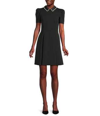 KARL LAGERFELD PARIS Short Sleeve Scuba Embellished Peter Pan Collar Fit and Flare Dress
