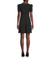 KARL LAGERFELD PARIS Short Sleeve Scuba Embellished Peter Pan Collar Fit and Flare Dress