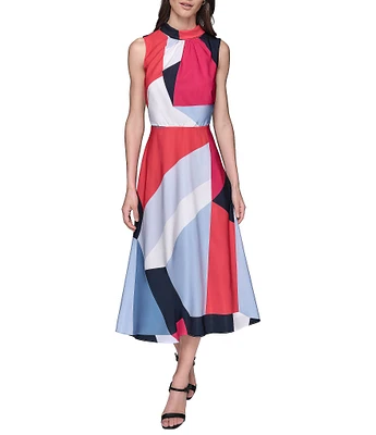 KARL LAGERFELD PARIS Silky Crepe Abstract Print Halter Neck Sleeveless Blouson Midi Dress