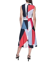 KARL LAGERFELD PARIS Silky Crepe Abstract Print Halter Neck Sleeveless Blouson Midi Dress