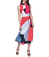 KARL LAGERFELD PARIS Silky Crepe Abstract Print Halter Neck Sleeveless Blouson Midi Dress