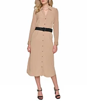 KARL LAGERFELD PARIS Silky Crepe Collar V-Neck Long Sleeve Button Front Midi Dress