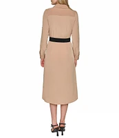 KARL LAGERFELD PARIS Silky Crepe Collar V-Neck Long Sleeve Button Front Midi Dress