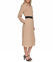 KARL LAGERFELD PARIS Silky Crepe Collar V-Neck Long Sleeve Button Front Midi Dress