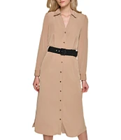 KARL LAGERFELD PARIS Silky Crepe Collar V-Neck Long Sleeve Button Front Midi Dress