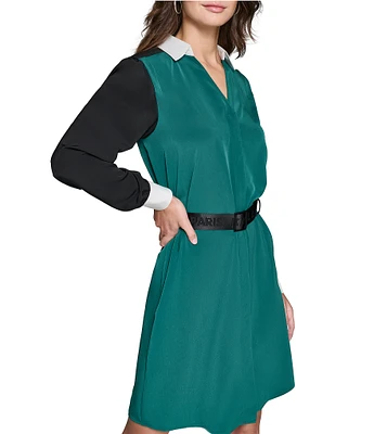 KARL LAGERFELD PARIS Silky Crepe Color Block Spread Collar Long Sleeve Belted A-Line Dress