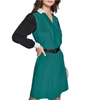 KARL LAGERFELD PARIS Silky Crepe Color Block Spread Collar Long Sleeve Belted A-Line Dress