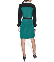 KARL LAGERFELD PARIS Silky Crepe Color Block Spread Collar Long Sleeve Belted A-Line Dress