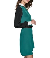 KARL LAGERFELD PARIS Silky Crepe Color Block Spread Collar Long Sleeve Belted A-Line Dress