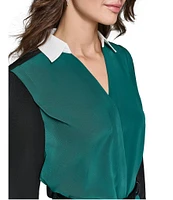 KARL LAGERFELD PARIS Silky Crepe Color Block Spread Collar Long Sleeve Belted A-Line Dress