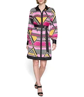 KARL LAGERFELD PARIS Silky Crepe Geo Print Collar Neck Long Sleeve Belted Button Front Dress