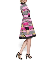 KARL LAGERFELD PARIS Silky Crepe Geo Print Collar Neck Long Sleeve Belted Button Front Dress