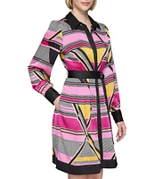 KARL LAGERFELD PARIS Silky Crepe Geo Print Collar Neck Long Sleeve Belted Button Front Dress