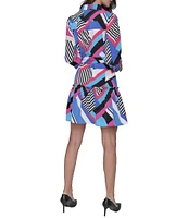 KARL LAGERFELD PARIS Silky Crepe Geometric Print Point Collar 3/4 Blouson Sleeve Belted A-Line Shirt Dress