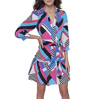 KARL LAGERFELD PARIS Silky Crepe Geometric Print Point Collar 3/4 Blouson Sleeve Belted A-Line Shirt Dress