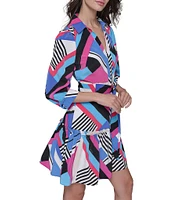 KARL LAGERFELD PARIS Silky Crepe Geometric Print Point Collar 3/4 Blouson Sleeve Belted A-Line Shirt Dress