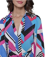 KARL LAGERFELD PARIS Silky Crepe Geometric Print Point Collar 3/4 Blouson Sleeve Belted A-Line Shirt Dress