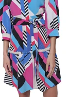 KARL LAGERFELD PARIS Silky Crepe Geometric Print Point Collar 3/4 Blouson Sleeve Belted A-Line Shirt Dress