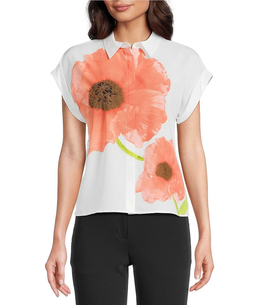 KARL LAGERFELD PARIS Silky Crepe Placed Floral Print Point Short Sleeve Shirt