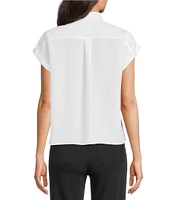 KARL LAGERFELD PARIS Silky Crepe Placed Floral Print Point Short Sleeve Shirt