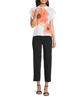 KARL LAGERFELD PARIS Silky Crepe Placed Floral Print Point Short Sleeve Shirt