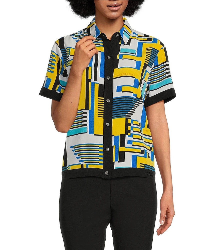 KARL LAGERFELD PARIS Silky Crepe Printed Point Collar Short Sleeve Button Front Camp Shirt