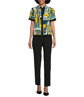 KARL LAGERFELD PARIS Silky Crepe Printed Point Collar Short Sleeve Button Front Camp Shirt