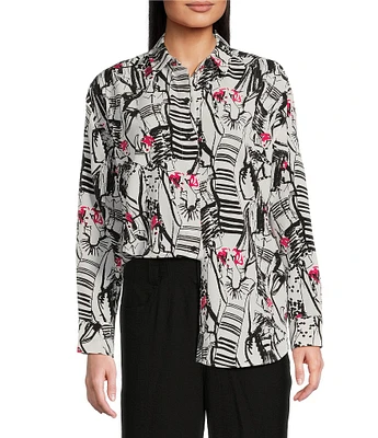 KARL LAGERFELD PARIS Silky Crepe Sketch Print Point Collar Long Sleeve Button-Front Blouse