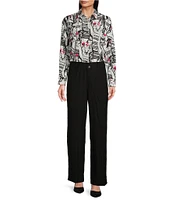 KARL LAGERFELD PARIS Silky Crepe Sketch Print Point Collar Long Sleeve Button-Front Blouse