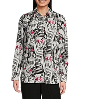 KARL LAGERFELD PARIS Silky Crepe Sketch Print Point Collar Long Sleeve Button-Front Blouse