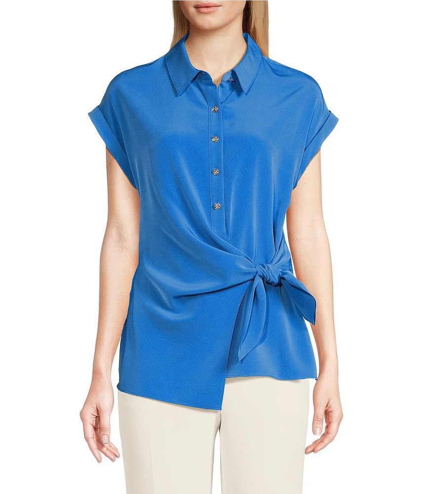 KARL LAGERFELD PARIS Silky Crepe Spread Collar Cap Sleeve Side Tie Asymmetric Hem Blouse